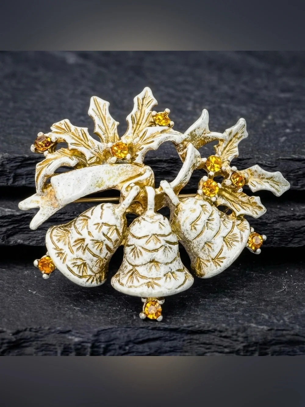 Vintage 60s Dodds White Enamel Gold Wash Etched Christmas Jingle Bell Brooch